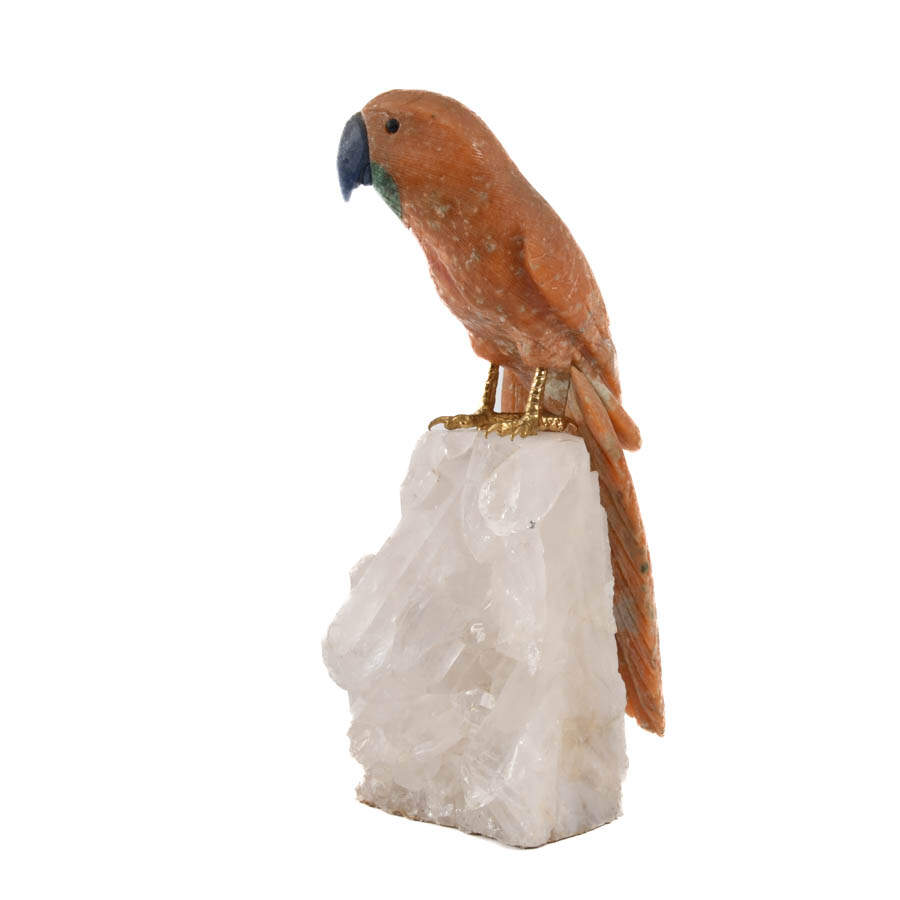 Hand-Carved Hardstone Parrot and Lapi Beak on Quartz Geode-6