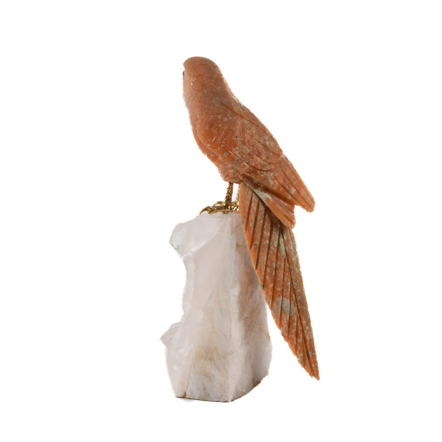 Hand-Carved Hardstone Parrot and Lapi Beak on Quartz Geode-5