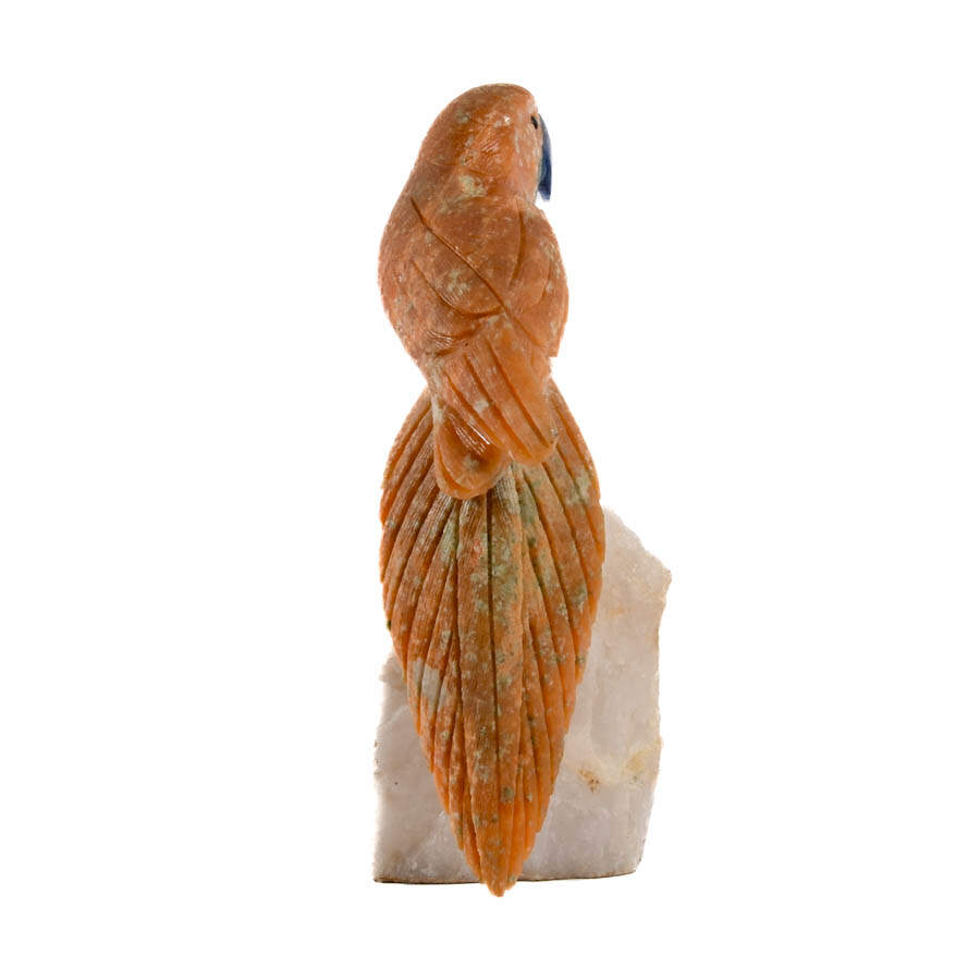 Hand-Carved Hardstone Parrot and Lapi Beak on Quartz Geode-4