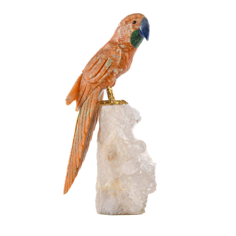 Hand-Carved Hardstone Parrot and Lapi Beak on Quartz Geode-3
