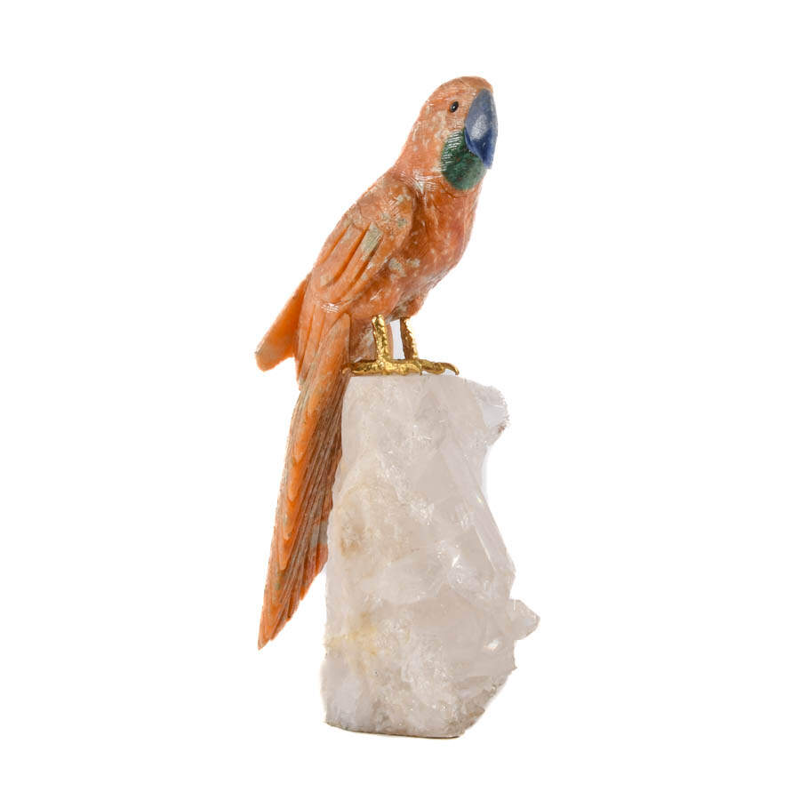 Hand-Carved Hardstone Parrot and Lapi Beak on Quartz Geode-2