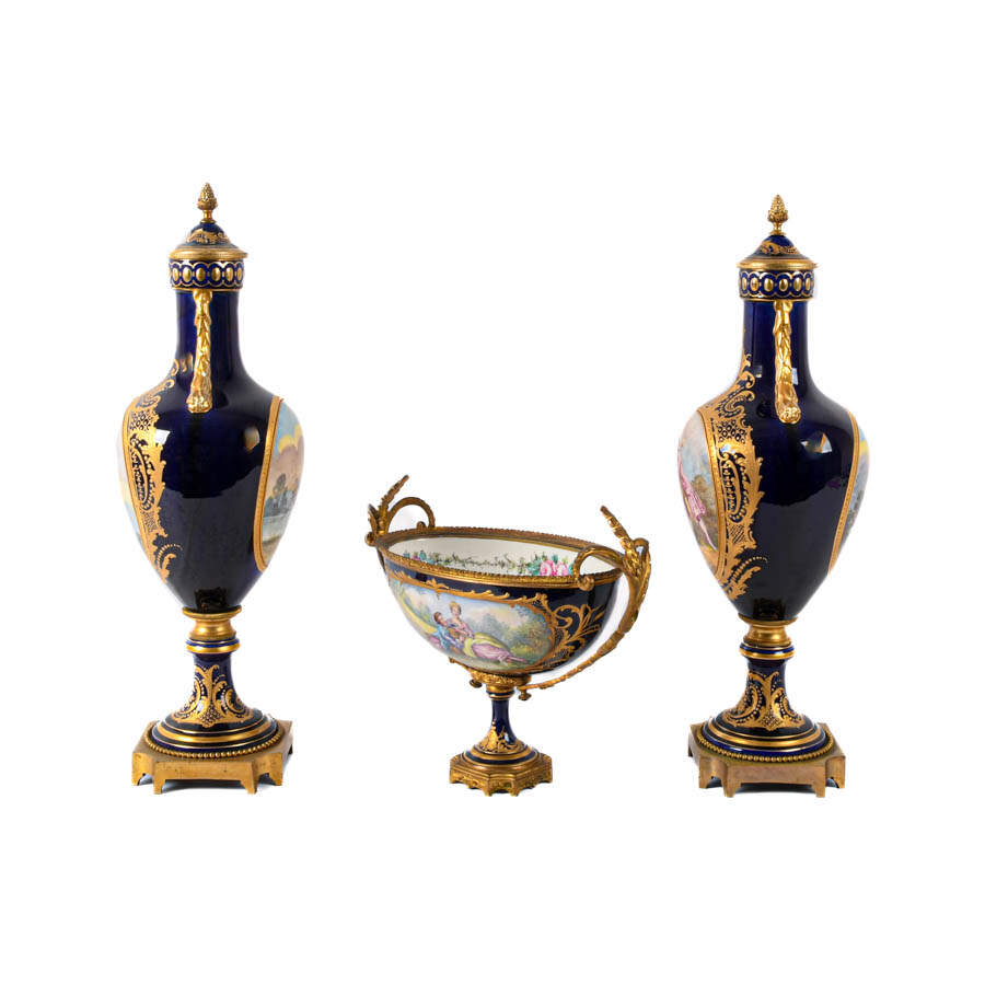 Set of Three Sèvres Porcelain and Bronze Jardinière and Urn Set-2