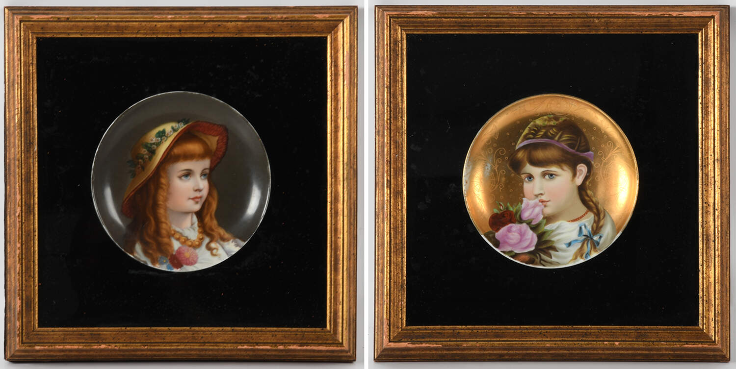Pair of Framed Shadow Box Hand-Painted Portrait Plaques-1