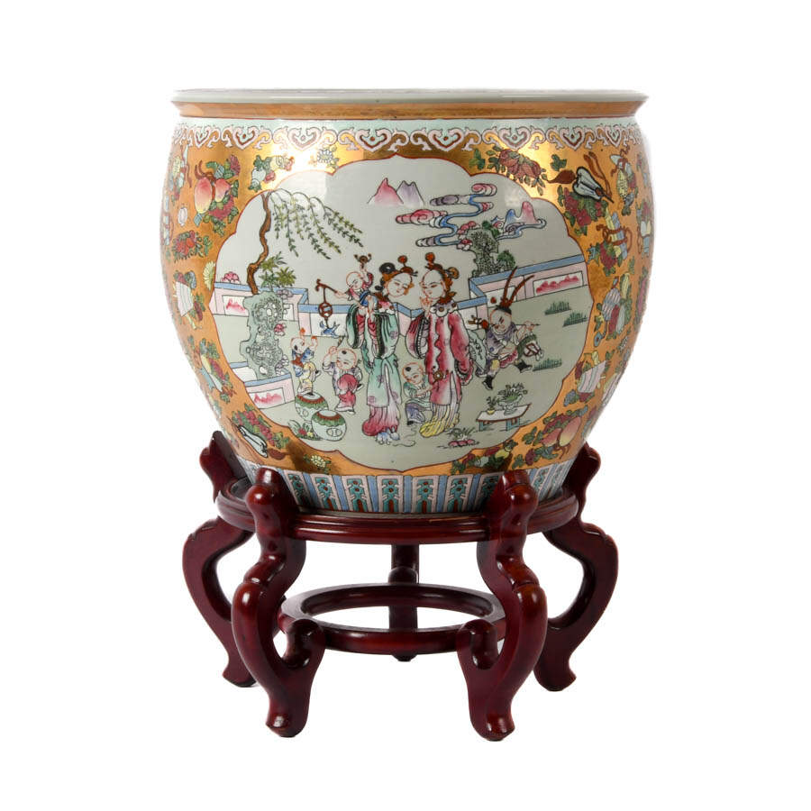 Chinese Famille Rose Fishbowl Planter with Stand-3