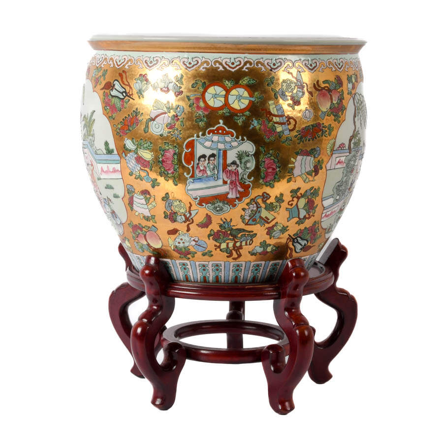 Chinese Famille Rose Fishbowl Planter with Stand-2