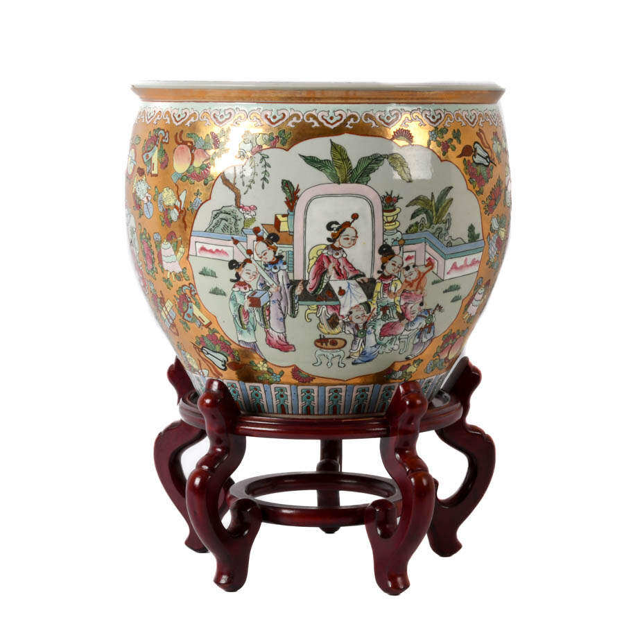 Chinese Famille Rose Fishbowl Planter with Stand-1