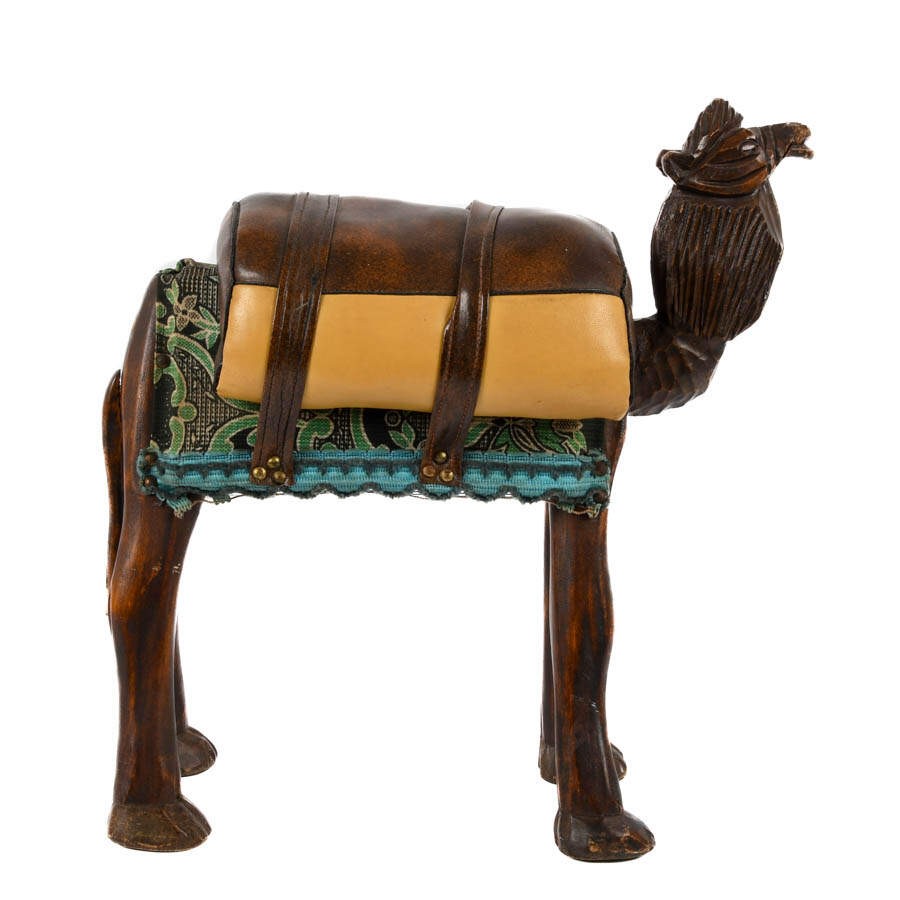 Hand-Carved Wooden Camel Stool with Upholstered Leather Saddle-3