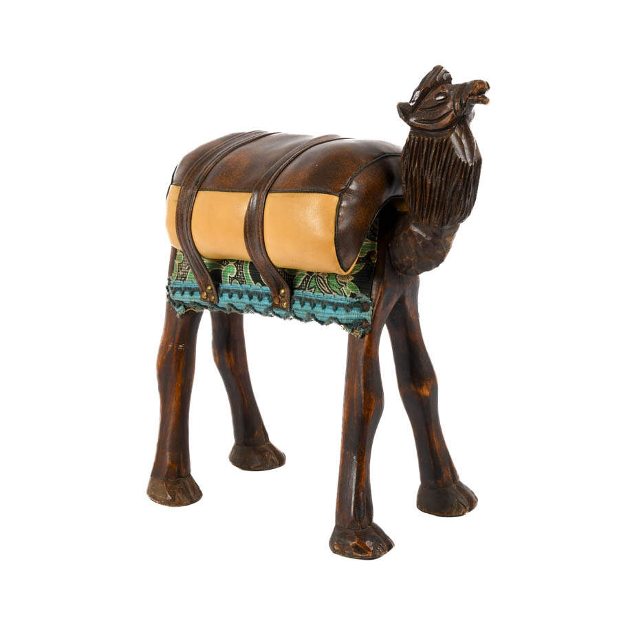 Hand-Carved Wooden Camel Stool with Upholstered Leather Saddle-1