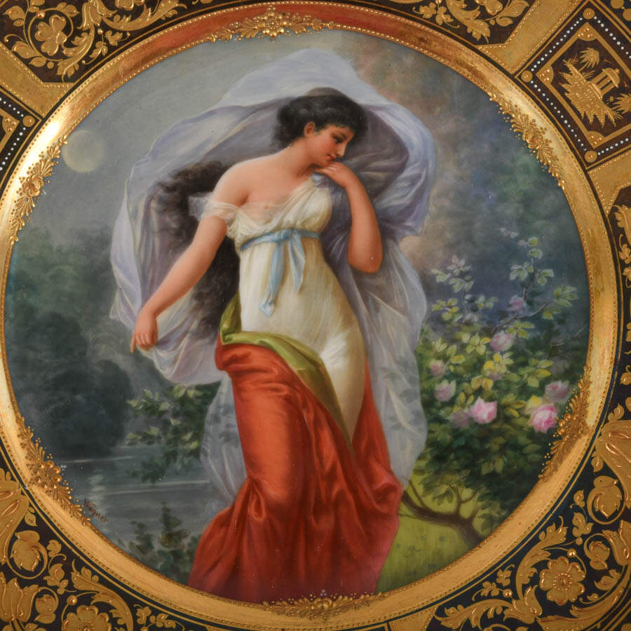Antique Royal Vienna Hand-Painted Portrait Plate with Lady in Red-2