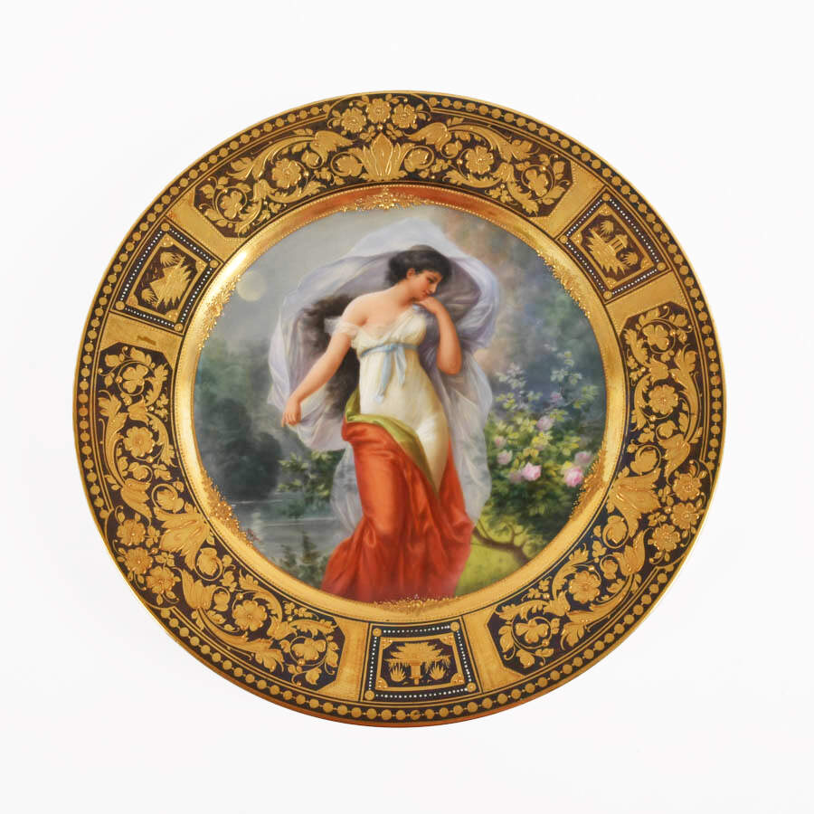 Antique Royal Vienna Hand-Painted Portrait Plate with Lady in Red-1