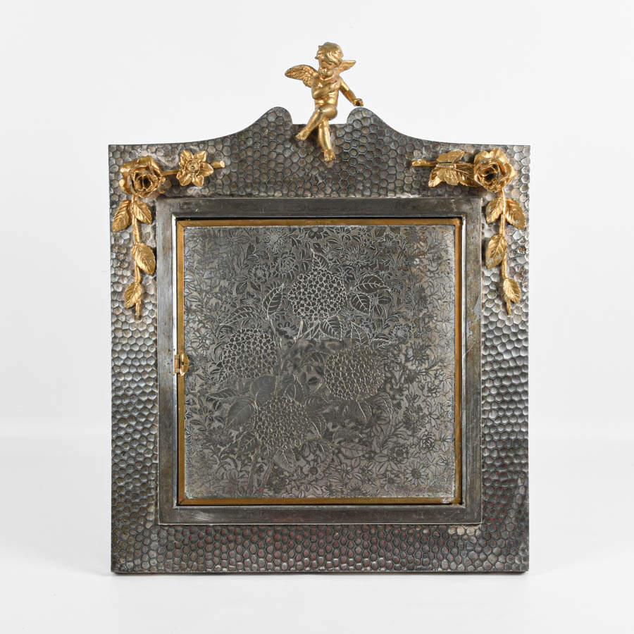 Ornate Silver and Brass Figural Motif Triptych Vanity Mirror-1