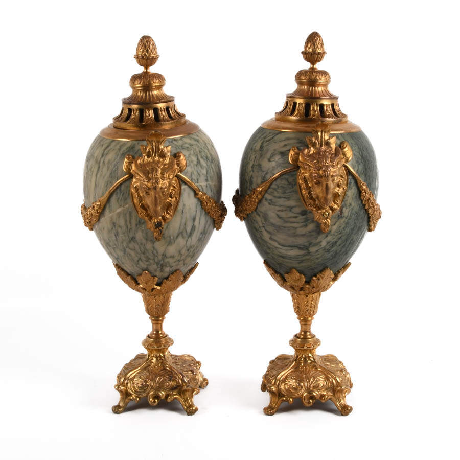 Antique Pair of Bronze and Green Marble French Balusters-3