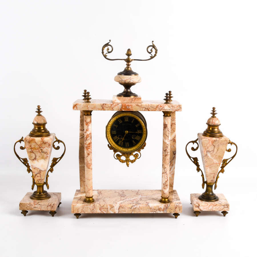 Antique French Delamont Marble Clock and Garnitures Set-1