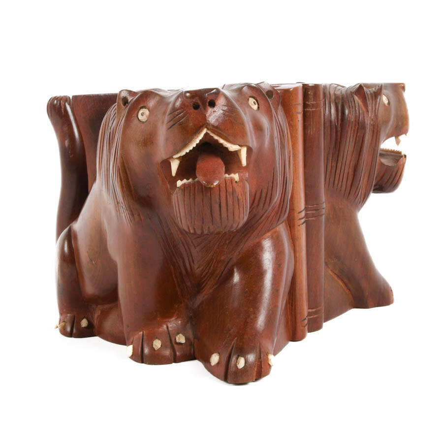 Pair of Carved Wood Lion Bookends-3