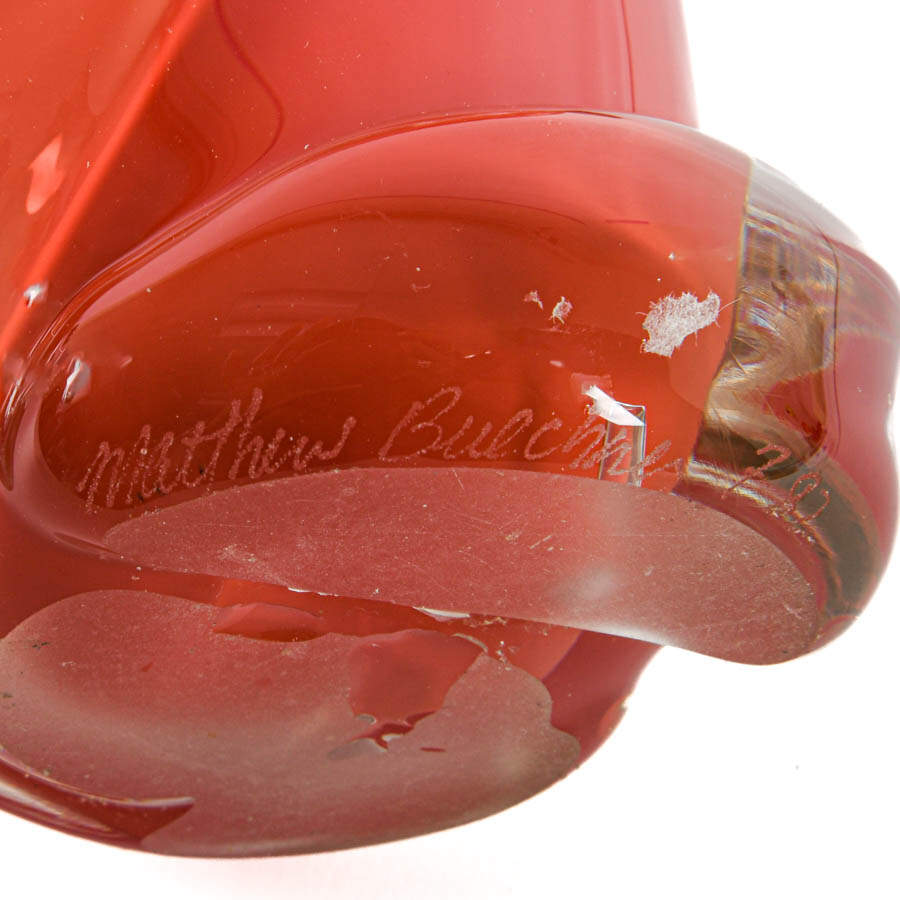 Signed Matthew Buechner Orange Crystal Art Glass Vase-5