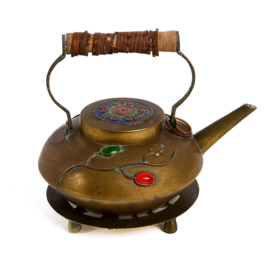 Chinese Brass Inlaid Stone Teapot on Stand-1