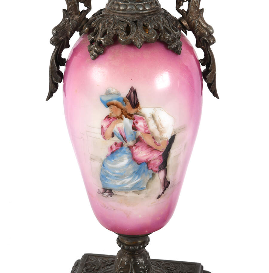 Antique Pair of Hand-Painted Porcelain and Metal Classical Couple Urns-6