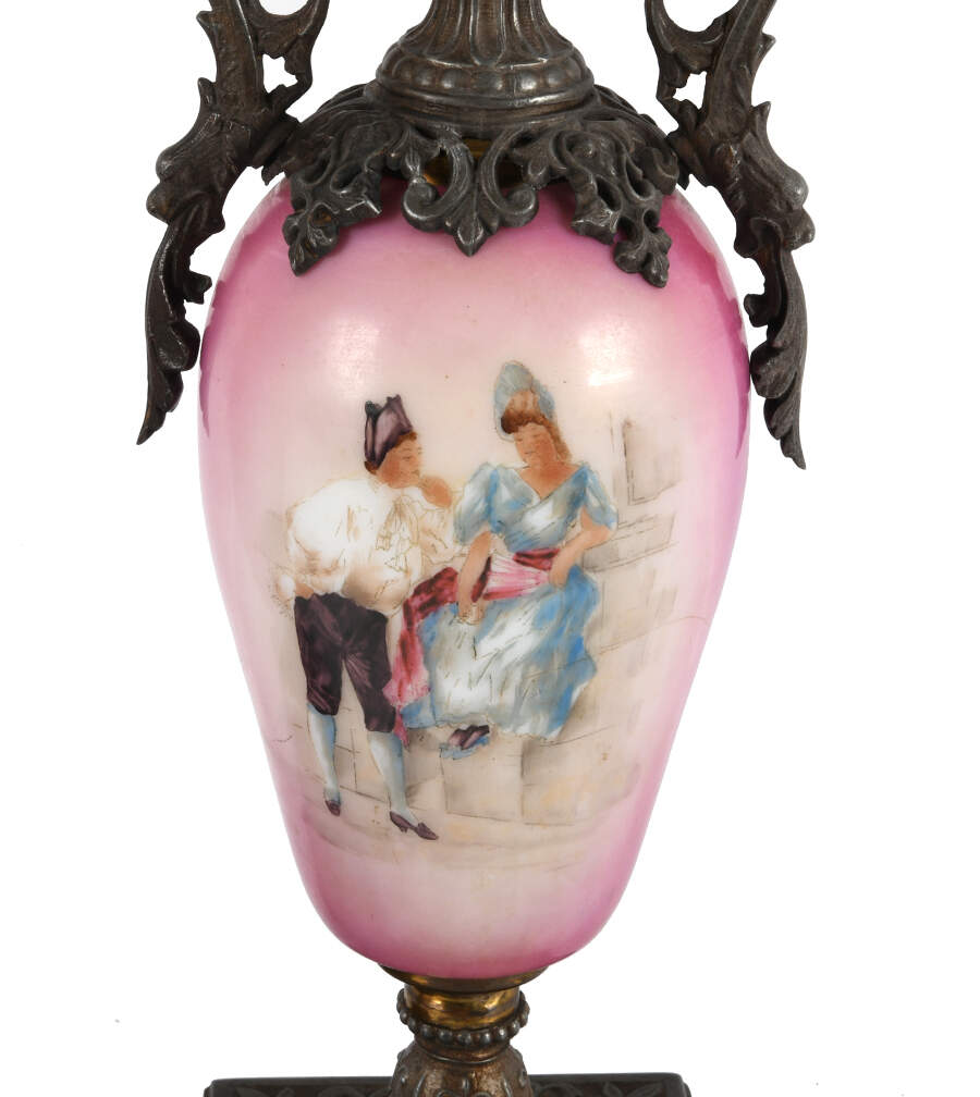 Antique Pair of Hand-Painted Porcelain and Metal Classical Couple Urns-5