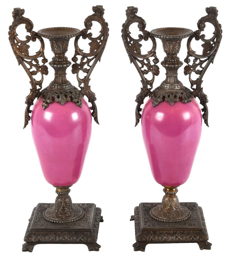 Antique Pair of Hand-Painted Porcelain and Metal Classical Couple Urns-2