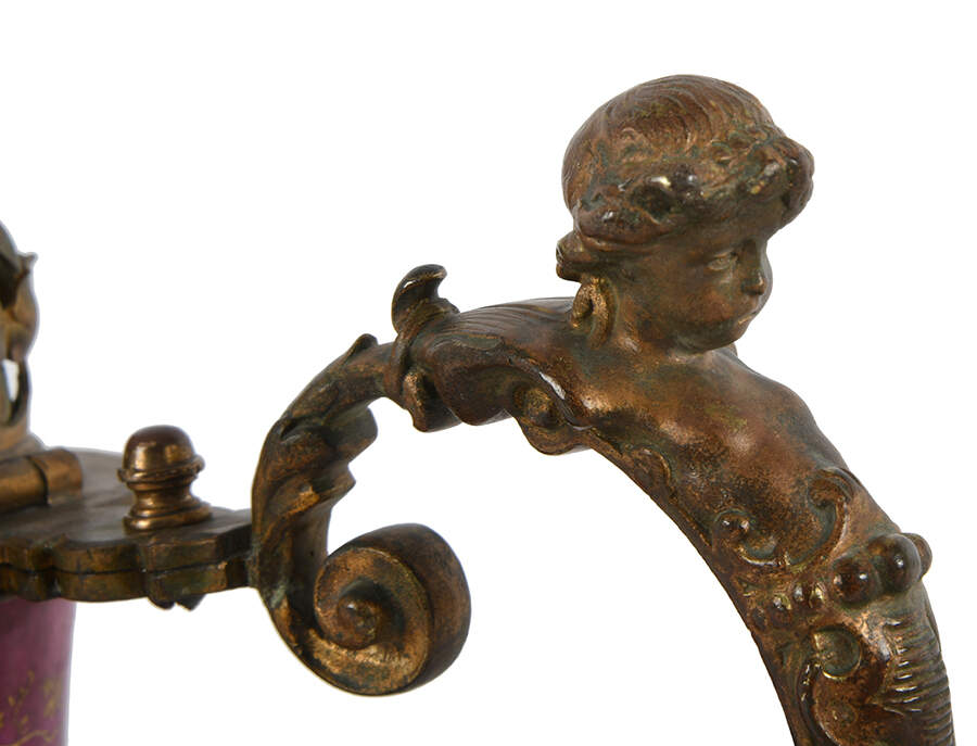 Pair of Neoclassical Hand-Painted Porcelain and Brass Ewers-3