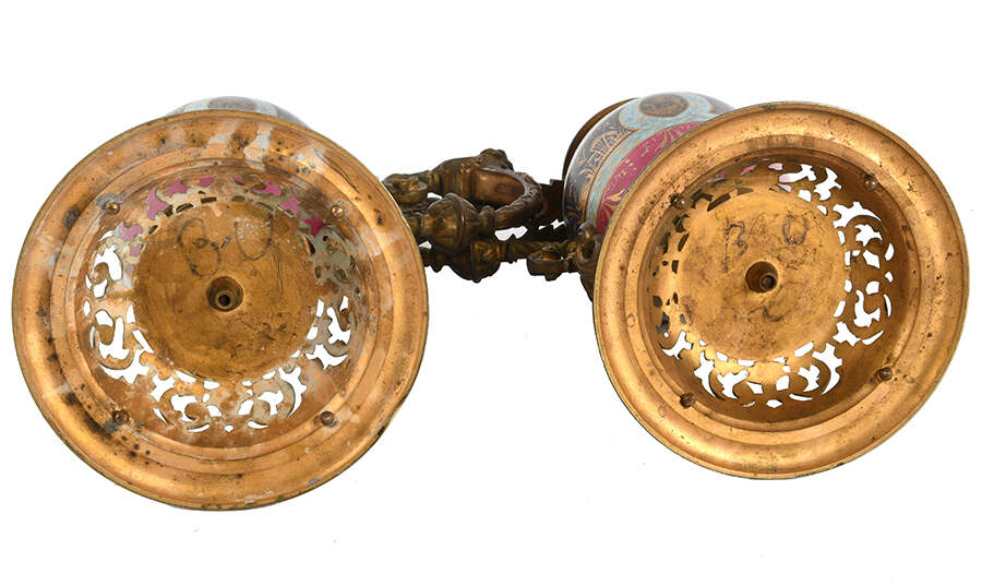 Pair of Neoclassical Hand-Painted Porcelain and Brass Ewers-2
