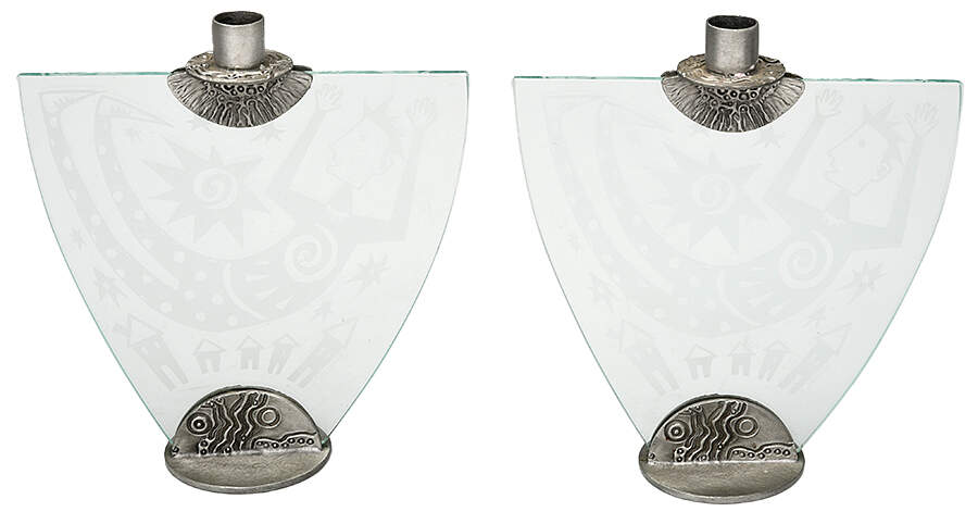 Pair of Whimsical Leandra Drumm Etched Glass Candleholders-2