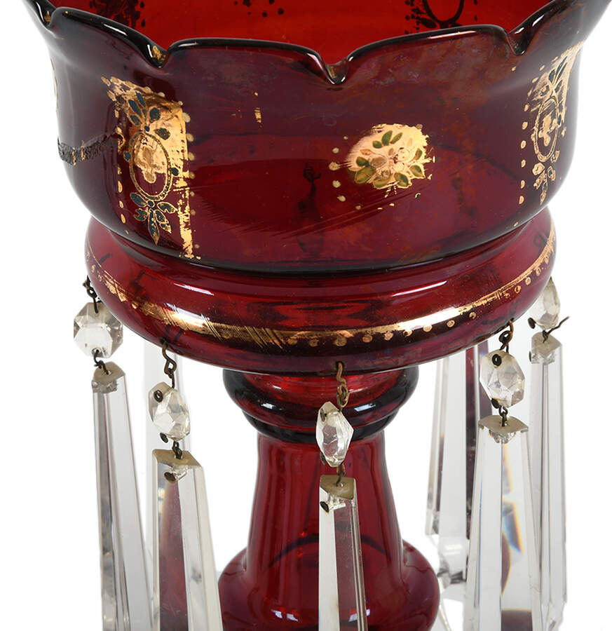 Antique Pair of Mantle Ruby Red and Gilt Lusters with Hanging Prisms-3