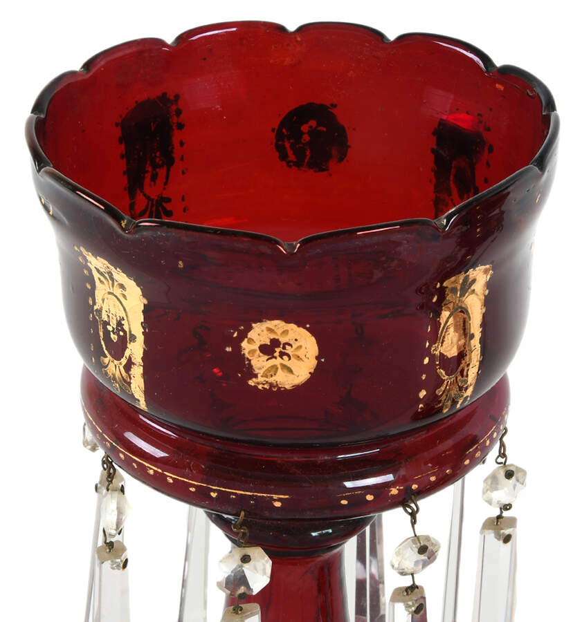 Antique Pair of Mantle Ruby Red and Gilt Lusters with Hanging Prisms-2