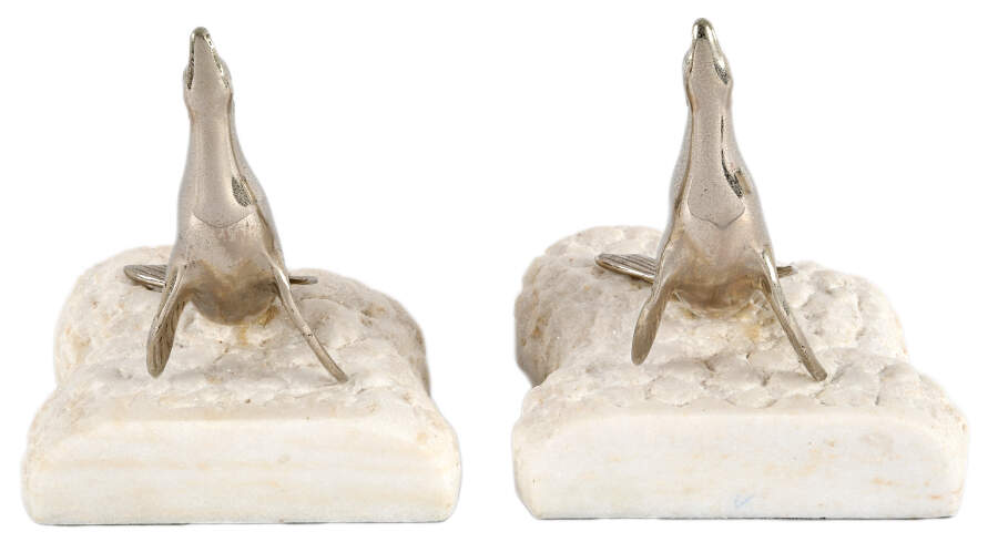 Pair of Chrome Metal Seals on Carved Stone Bookends-2