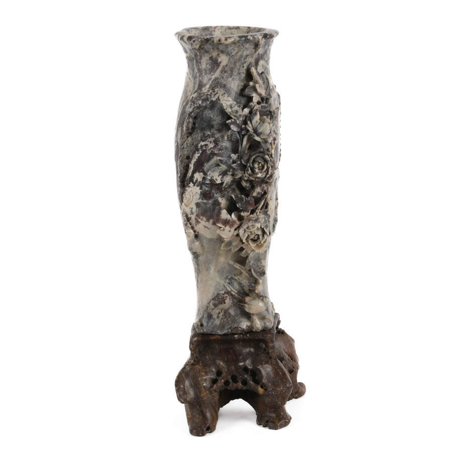 Antique Chinese Carved Floral Soapstone Vase-7