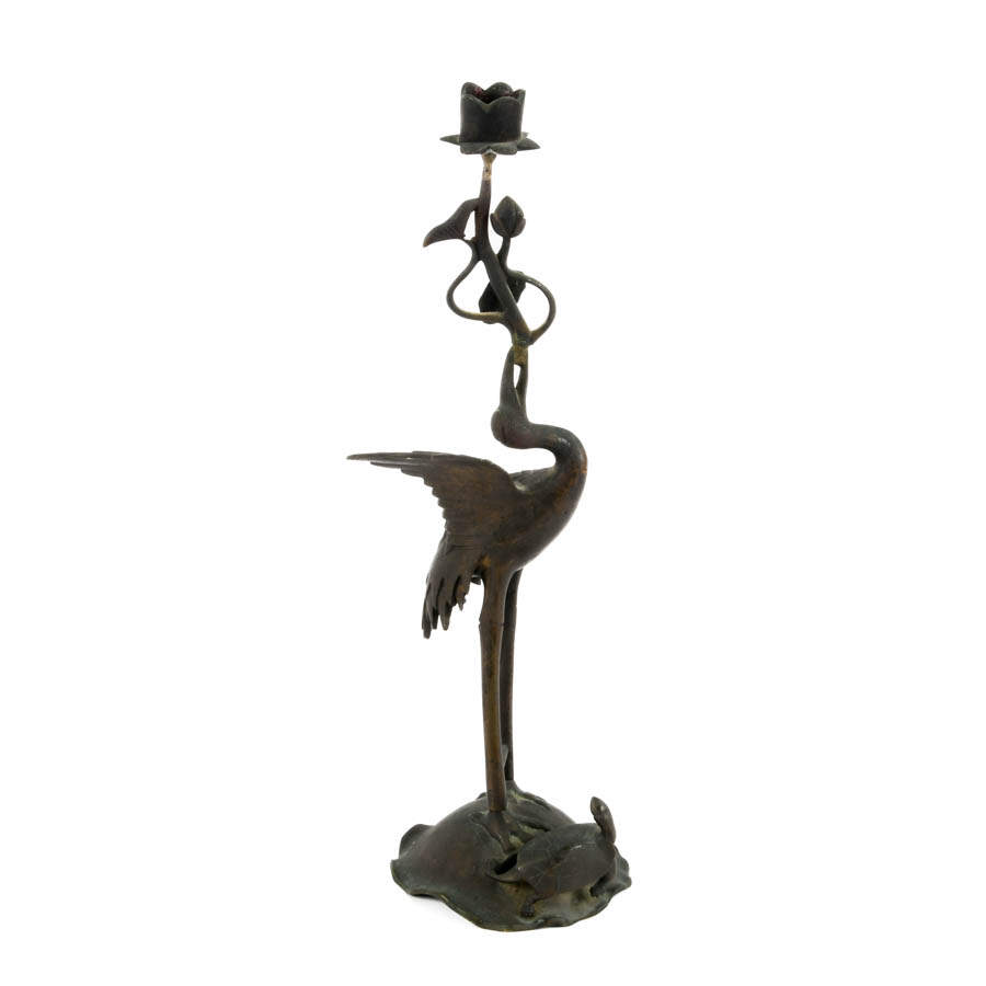 Japanese Bronze Crane and Turtle Grouping Candle Holder-6
