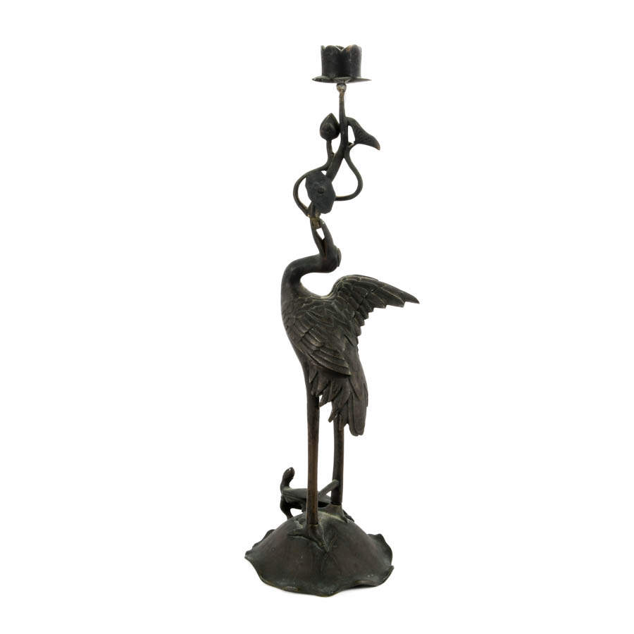 Japanese Bronze Crane and Turtle Grouping Candle Holder-4