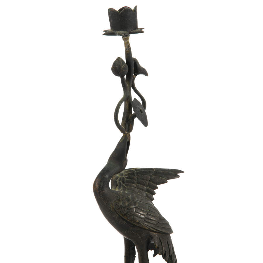 Japanese Bronze Crane and Turtle Grouping Candle Holder-2