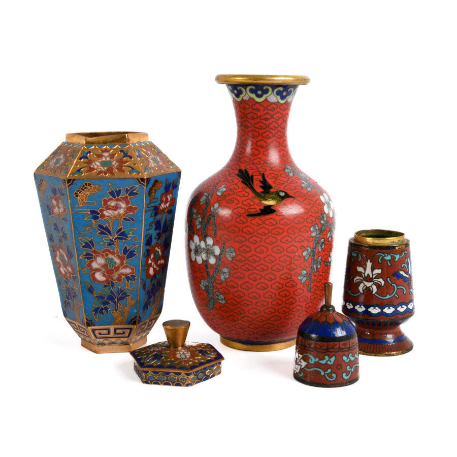 Grouping of Three Cloisonné Items: Holders and Vase-3
