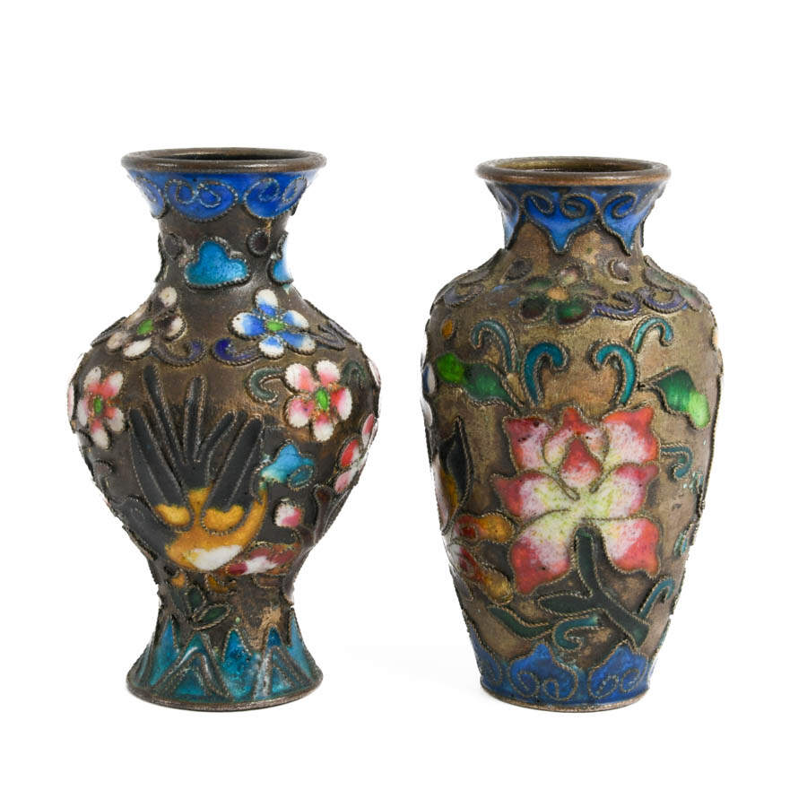 Matched Pair of Chinese Silver Hand-Painted Miniature Vases-1