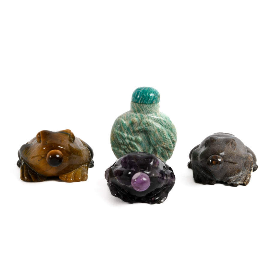 Grouping of Four Frog and Bird Stone Snuff Bottles-1