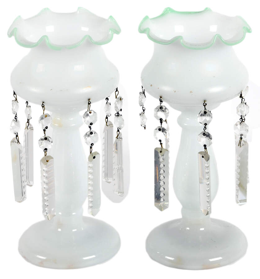 Antique Pair of Opaline Glass Lusters with Hanging Prisms-1
