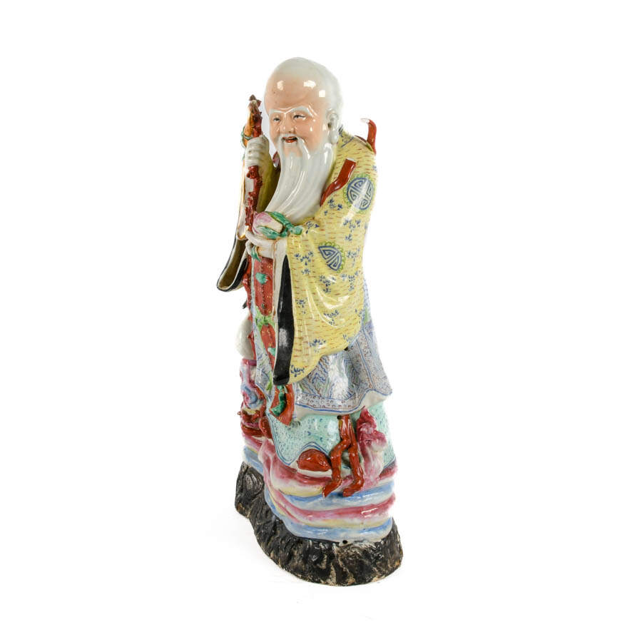 Chinese Famille Rose Shou Xing Porcelain Statue-5