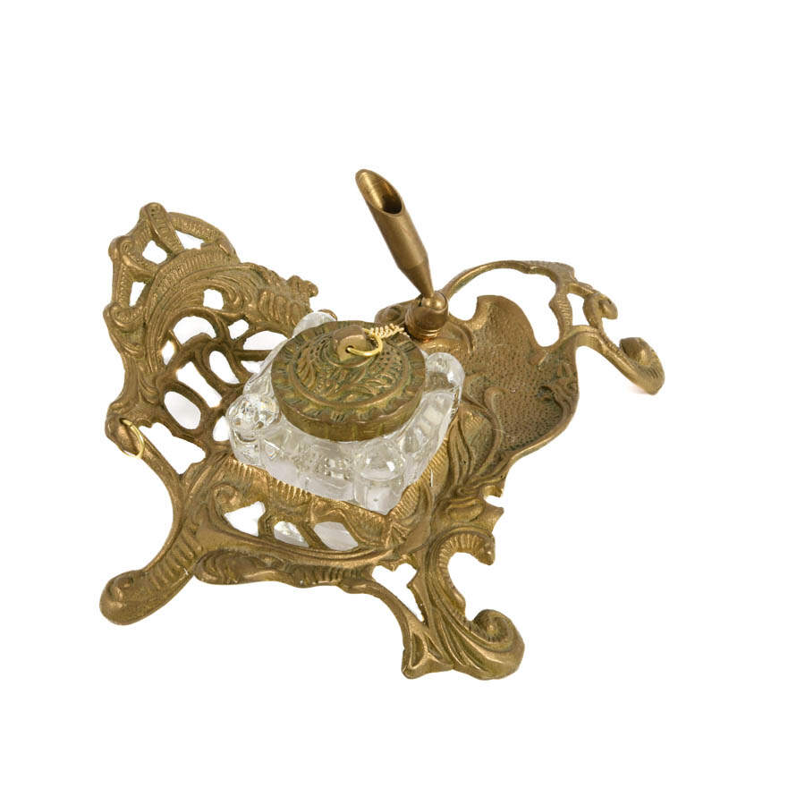 Victorian Style Teleflora Brass Inkwell and Pen Holder-6