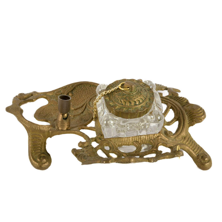 Victorian Style Teleflora Brass Inkwell and Pen Holder-5