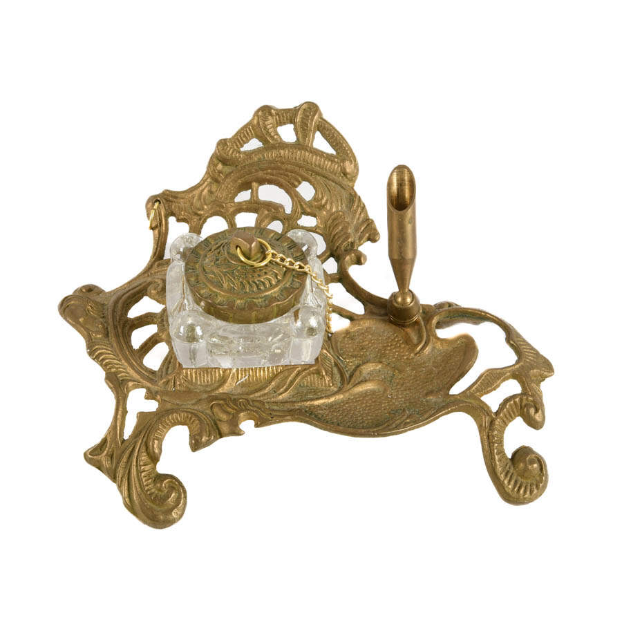 Victorian Style Teleflora Brass Inkwell and Pen Holder-1