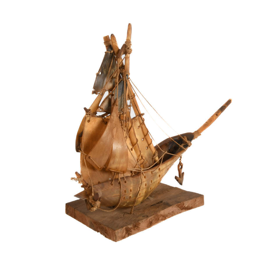 Antique Carved Horn Junk Boat Sculpture-5