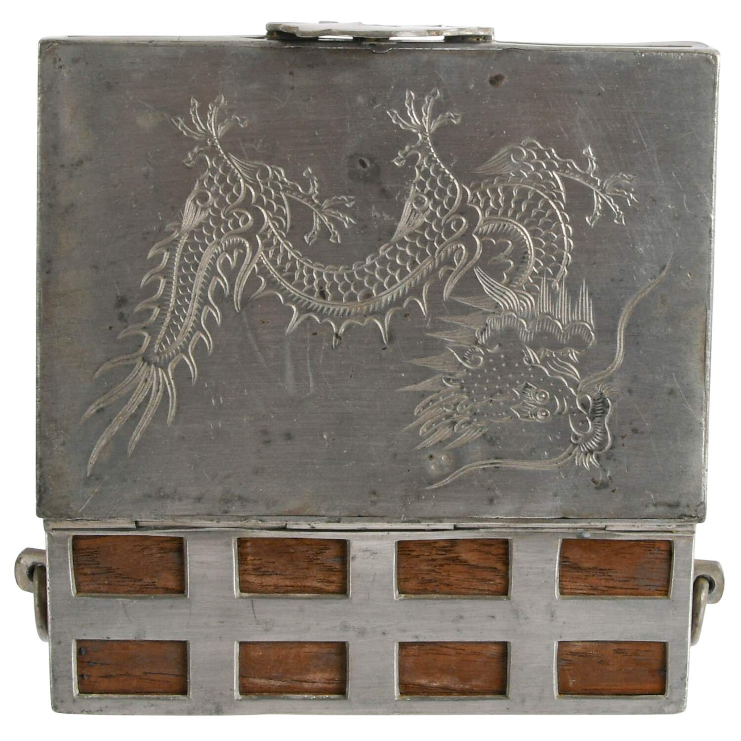 Antique Chinese Pewter and Wood Storage Box-3