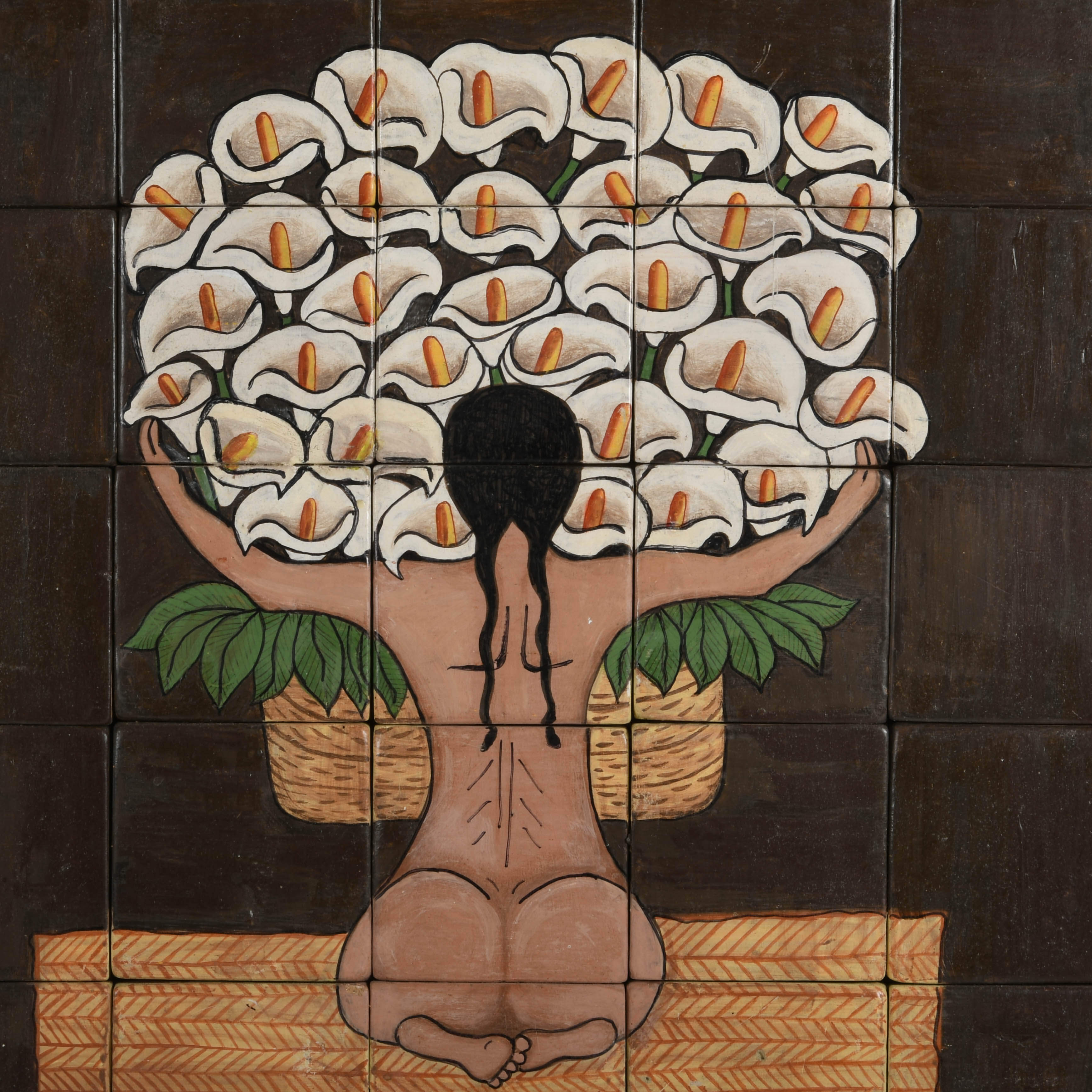 Framed Signed "Nude with Calla Lillies" Tile Art After Diego Rivera-2