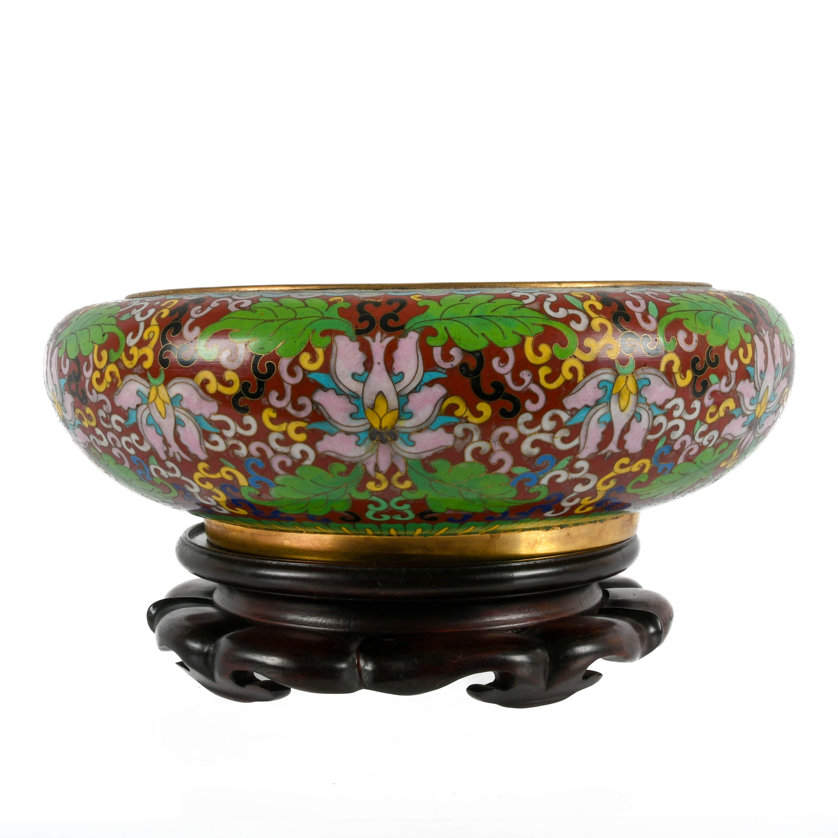 Large Crimson Cloisonné Bowl with Carved Wood Stand-3