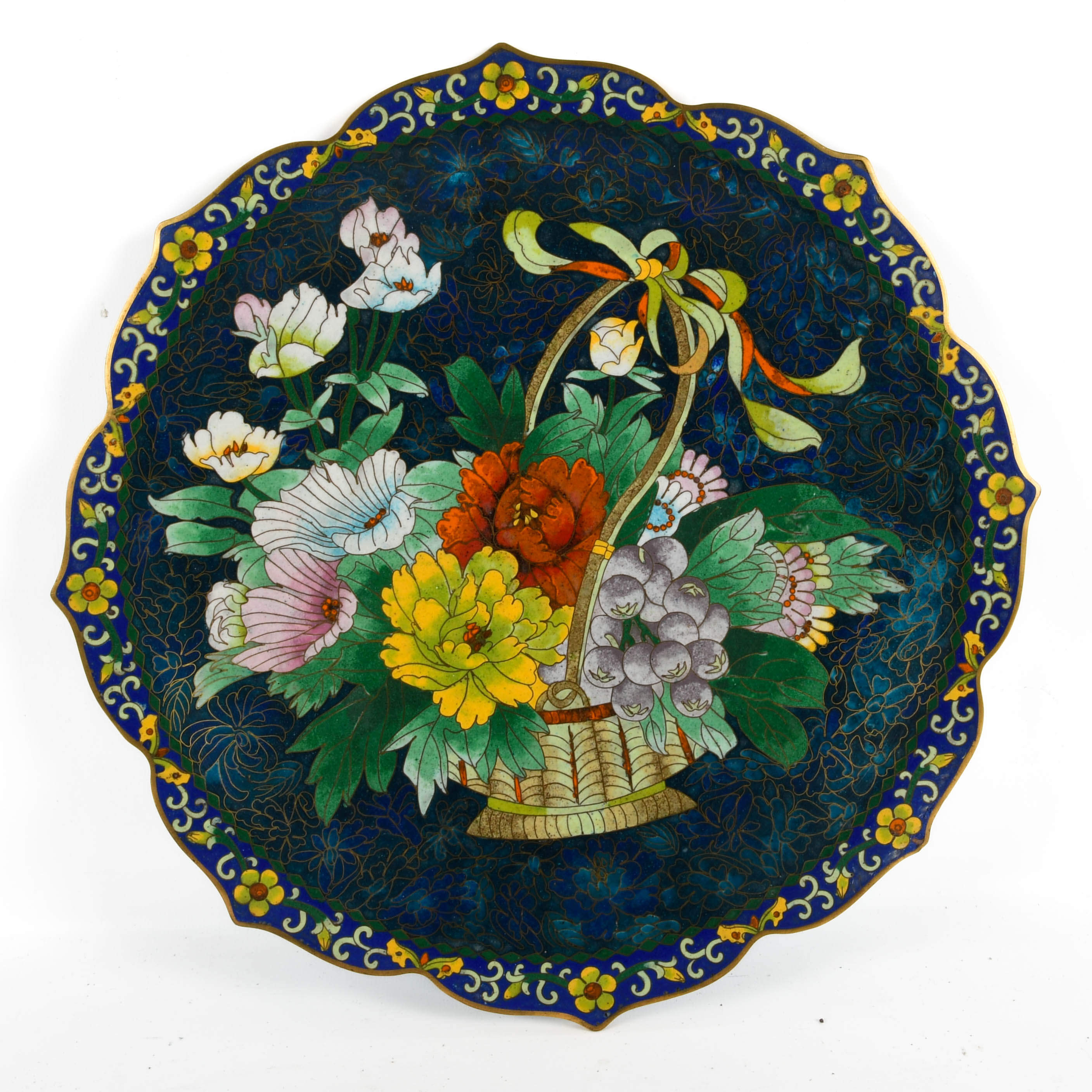 Pair of Jingfa Scalloped Rim Chinese Cloisonné Chargers-2