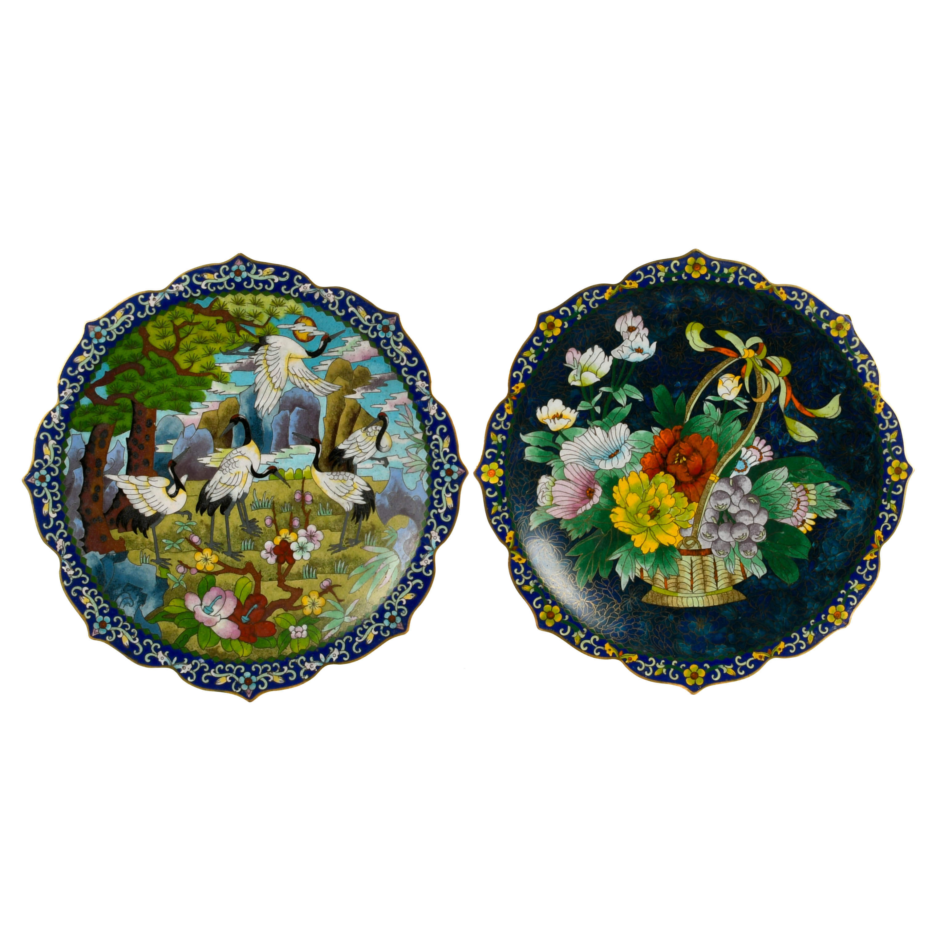 Pair of Jingfa Scalloped Rim Chinese Cloisonné Chargers-1
