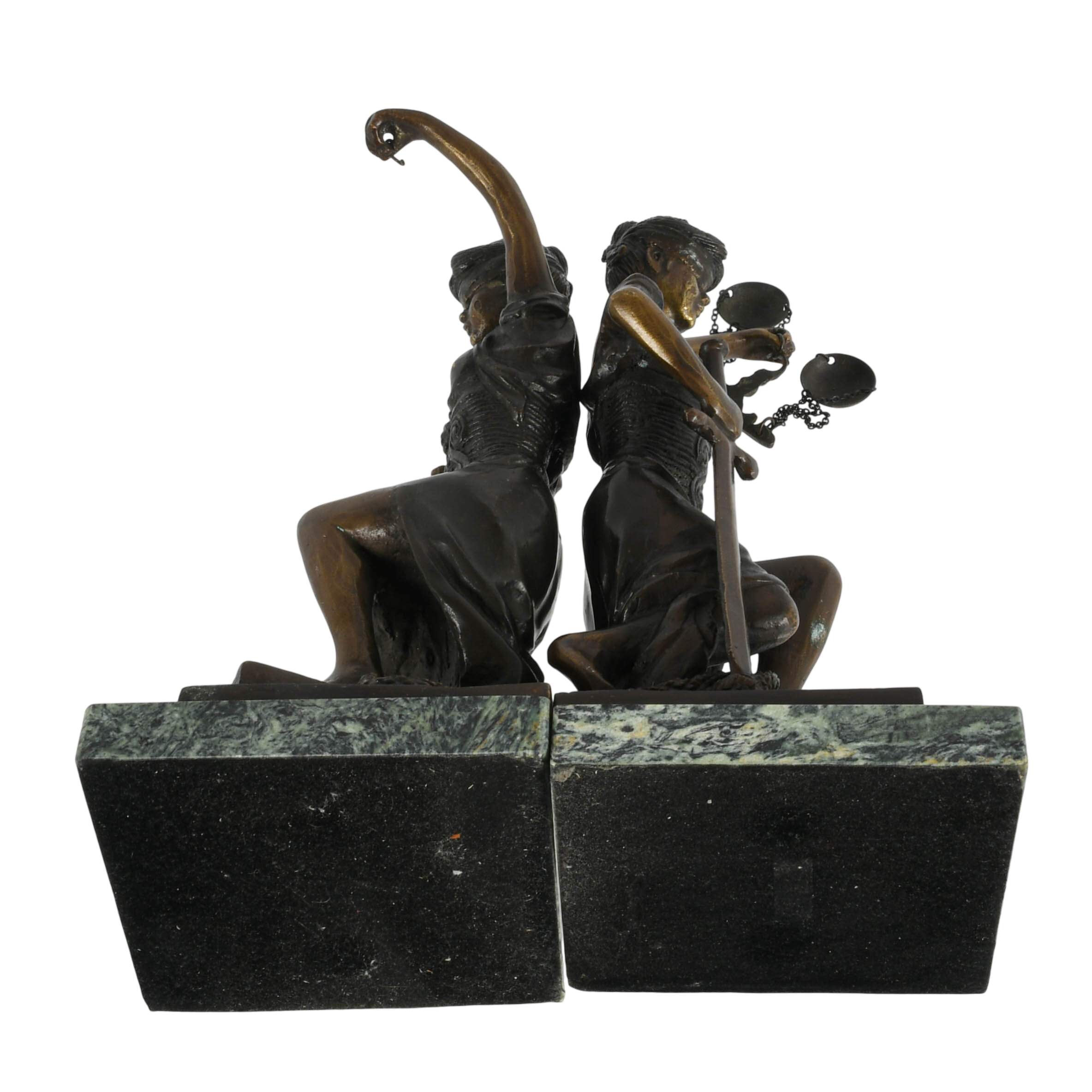 Signed Pair of Bronze and Marble Lady Justice Bookends-10