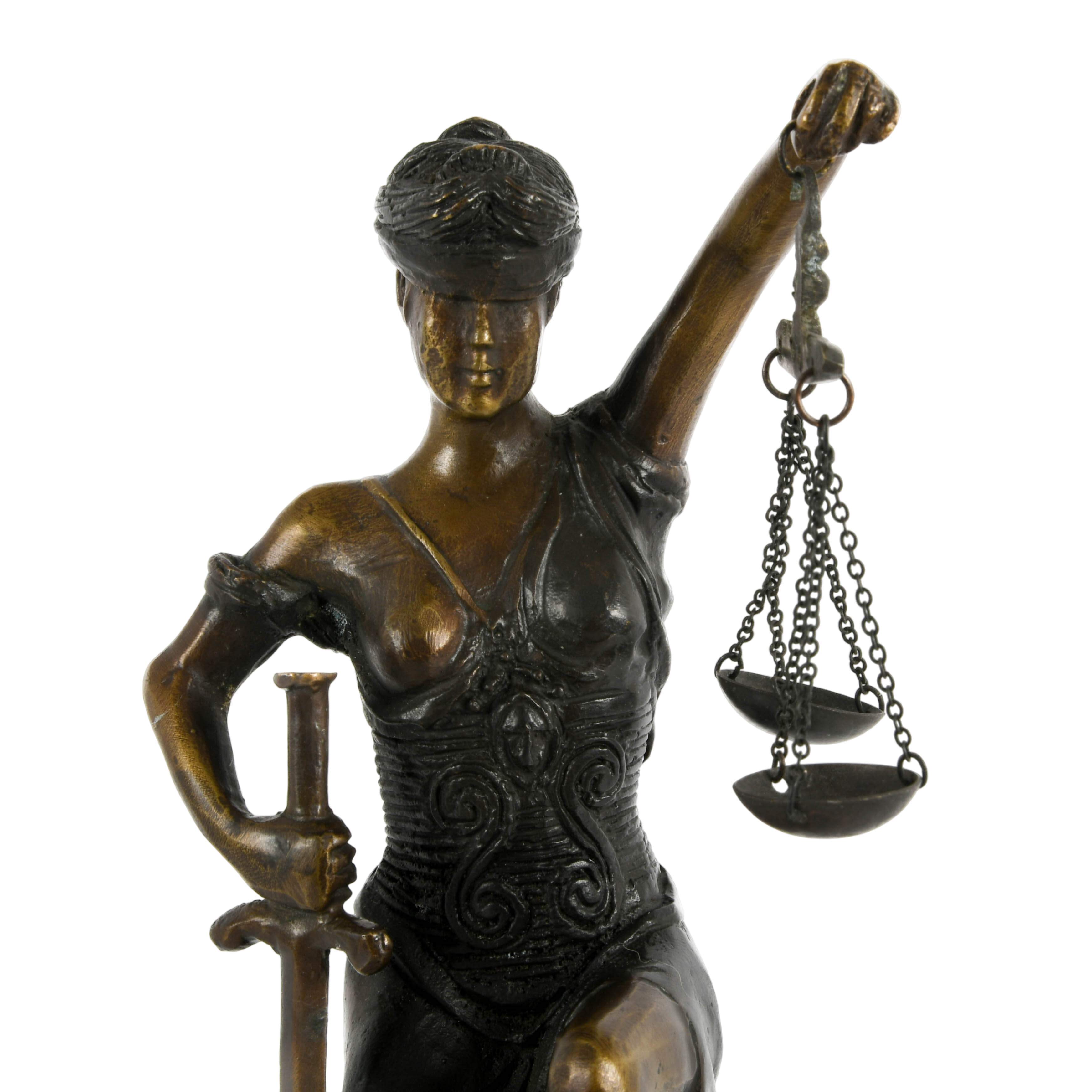 Signed Pair of Bronze and Marble Lady Justice Bookends-6
