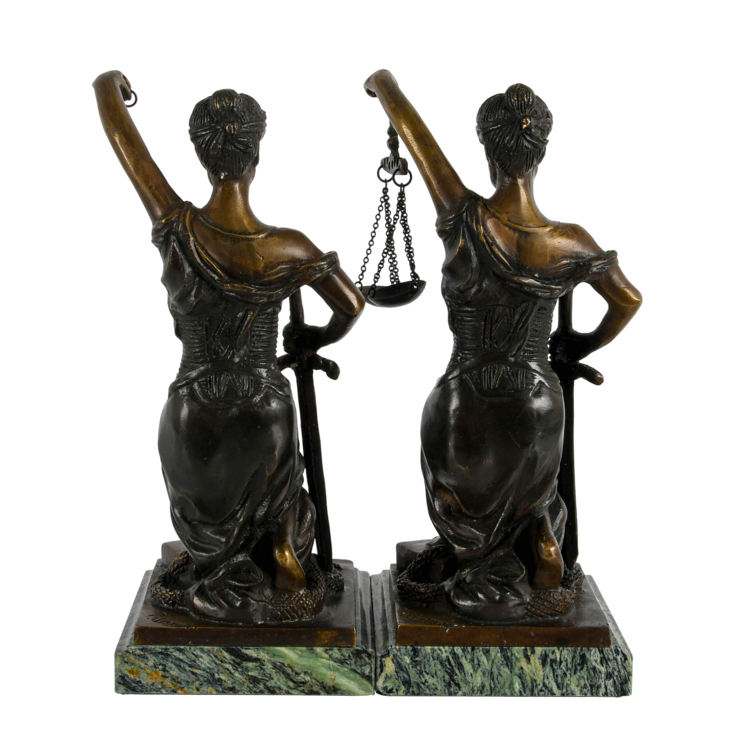 Signed Pair of Bronze and Marble Lady Justice Bookends-3